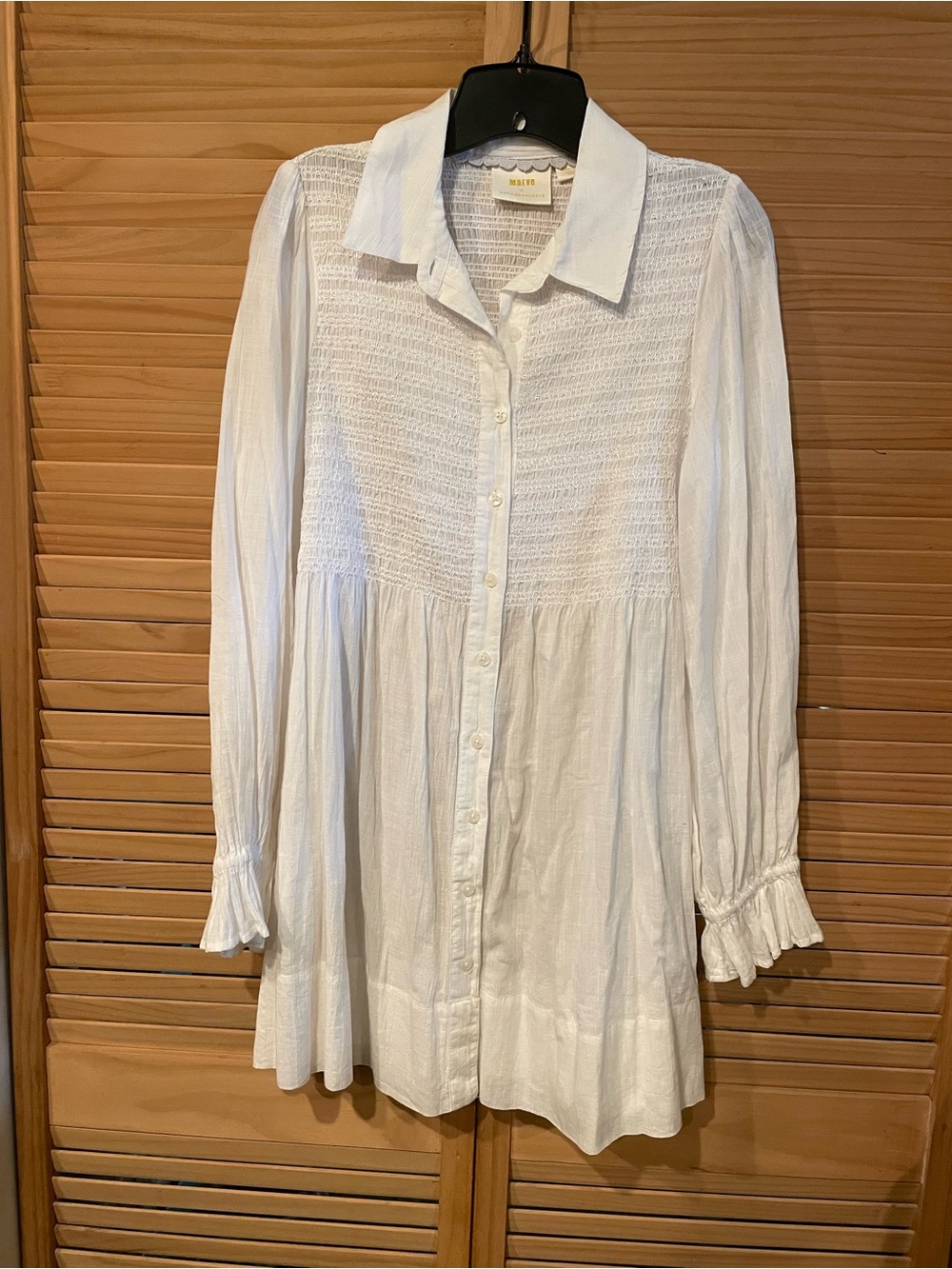 Maeve White Button-Front Smocked Long-Sleeve Dress